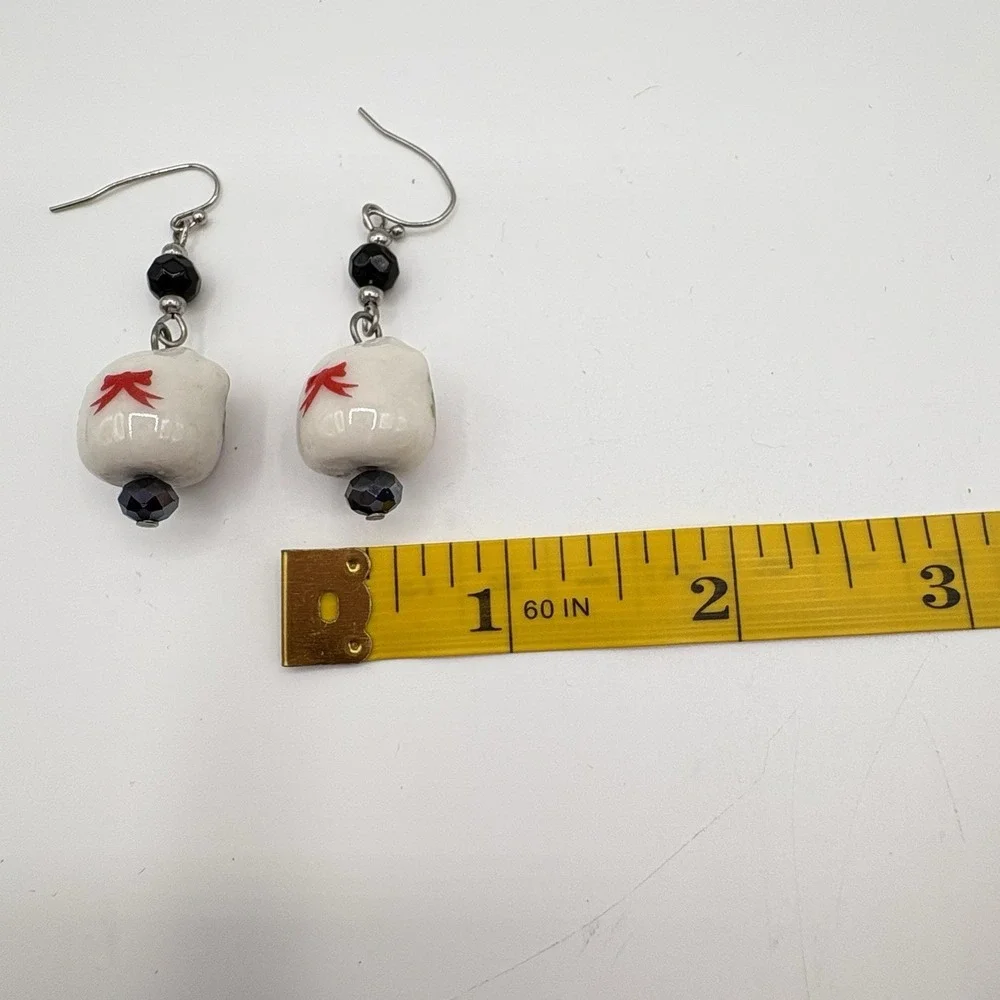 Japanese Maneki Neko Lucky Cat Earrings Ceramic Hand Painted Dangle Jewelry